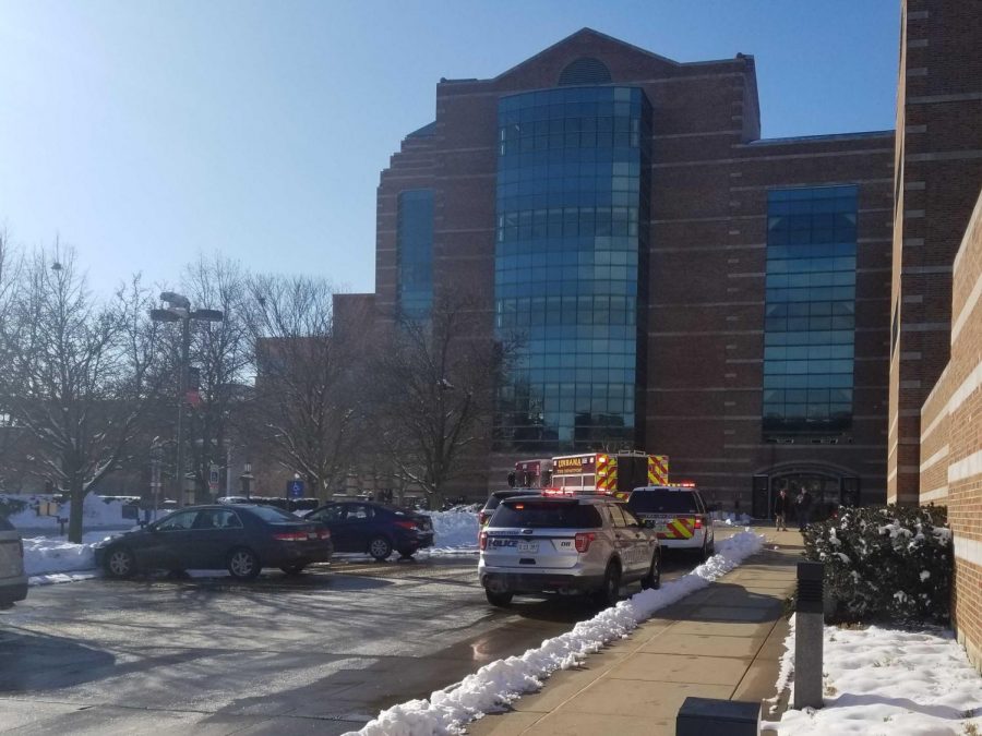 University of Illinois Police and Urbana Fire vehicles respond to a hazardous waste incident at the Beckman Institute on Jan. 15, 2018. 