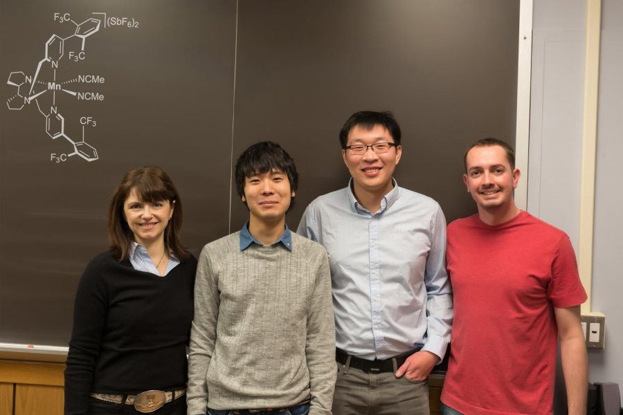 From left to right: Professor M. Christina White, Dr. Takeshi Nanjo, Jinpeng Zhao (lead author) and Dr. Emilio de Lucca Jr. The group has developed a catalyst that will change the future of medicine and pharmaceuticals.