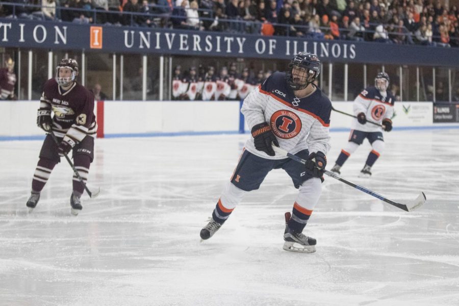 Mark Candotti calls for a pass from his teammate against Robert Morris at the Ice Arena on Nov. 2. Illinois shut out Robert Morris 6-0.