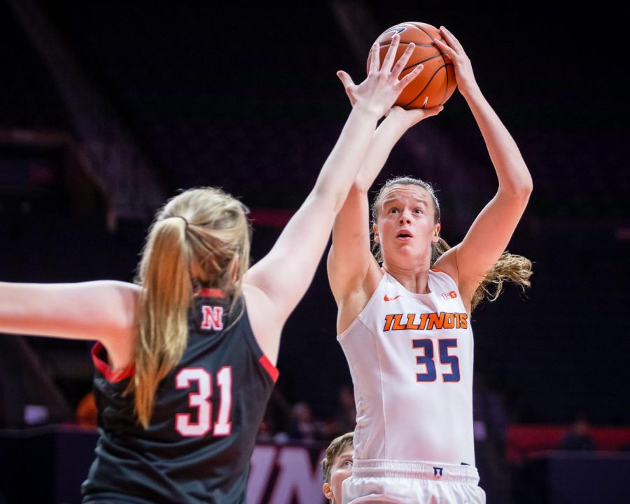 Illinois forward Alex Wittinger shoots the ball during the game against Nebraska at the State Farm Center on Jan. 17. The Illini lost 77-67. Illinois will be playing Ohio State on Thursday in hopes of breaking the Big Ten losing streak. 