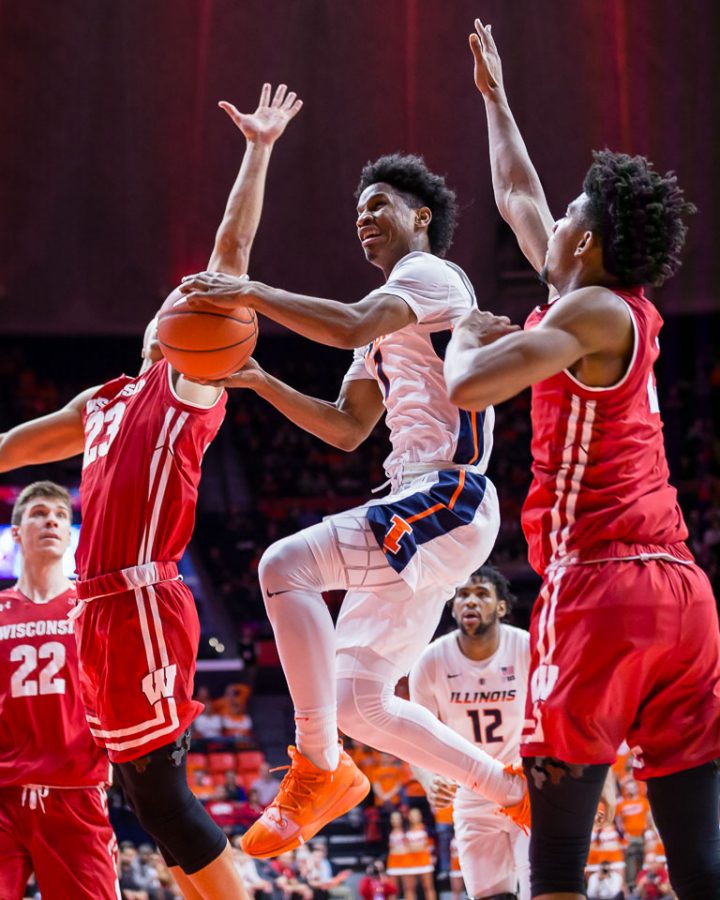 Illinois guard Trent Frazier draws contact on a layup during the game against Wisconsin at the State Farm Center on Jan. 23. The Illini lost 72-60.