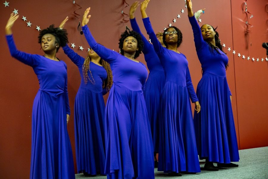 ACTS Campus Ministry Praise Dance Team put on a performance at the 10th annual Gospel Explosion at the Student Dining and Residential Programs 