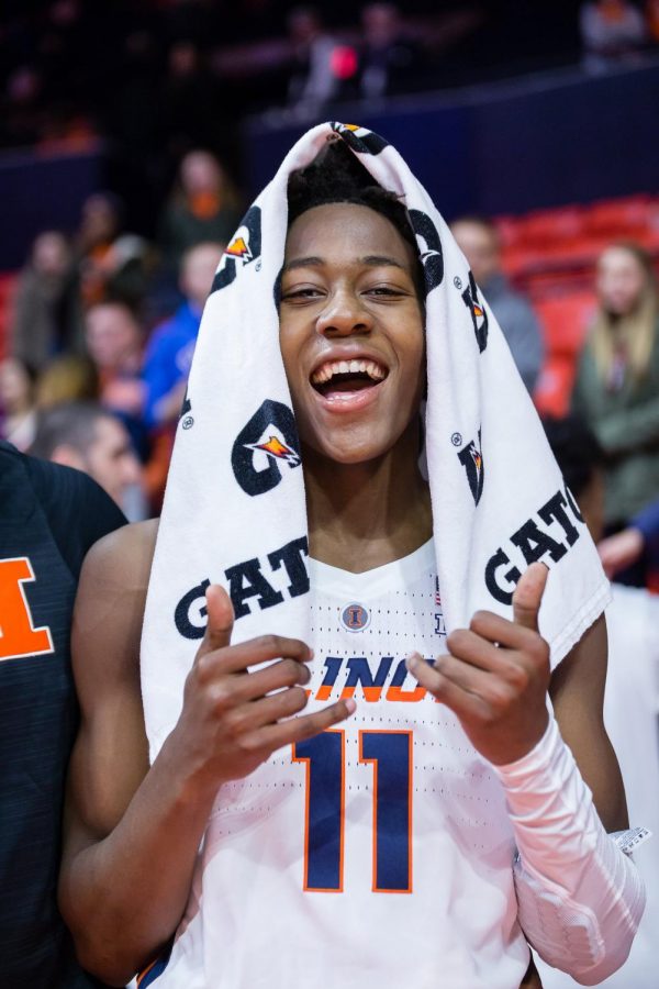 Freshman+guard+Ayo+Dosunmu.+Poses+for+a+picture+after+Illinois%E2%80%99+win+against+Evansville+on+Nov.+8.+Dosunmu%2C+along+with+many+other+young+players%2C+are+changing+the+nature+of+the+collegiate-level+game.