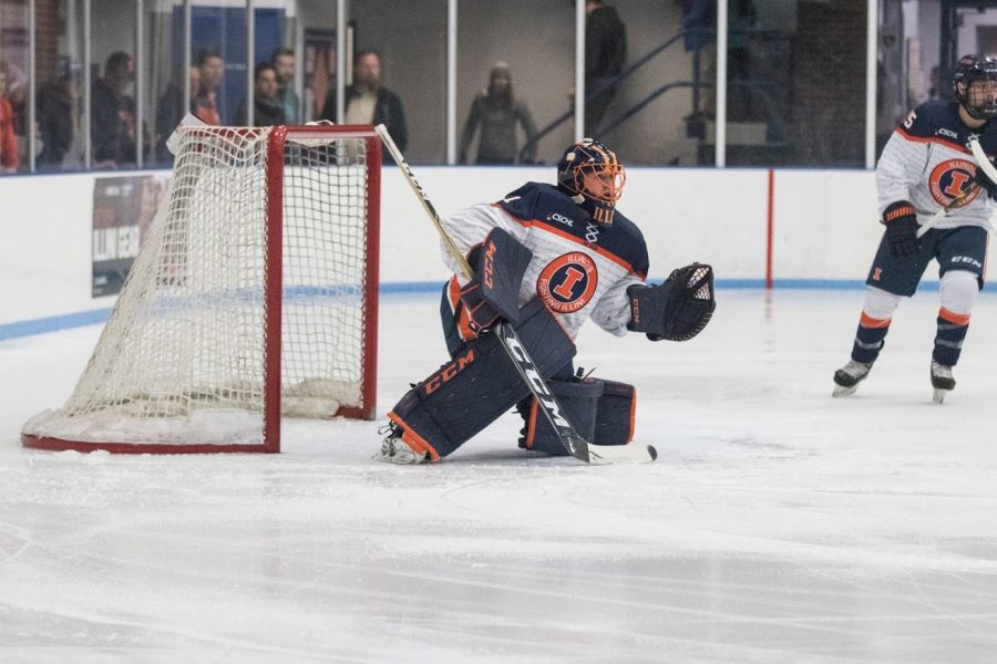 Jake Barnhart protects the goal to prevent Robert Morris from scoring at the University of Illinois Ice Arena on Nov. 2. Illini shut out Robert Morris 6-0.
