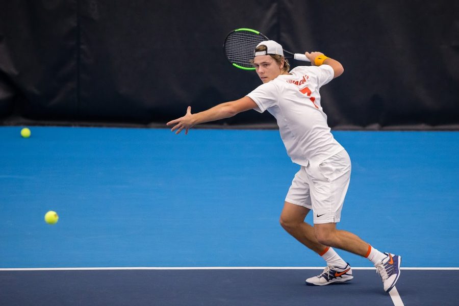 Illinois Aleks Kovacevic gets ready to return the ball during the match against Duke at Atkins Tennis Center on Feb. 1. The Illini won 6-1.