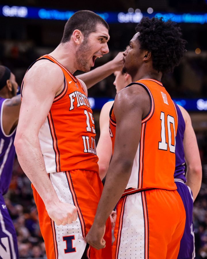Illinois+forward+Giorgi+Bezhanishvili+%28left%29+celebrates+with+guard+Andres+Feliz+%28right%29+during+the+game+against+Northwestern+in+the+first+round+of+the+Big+Ten+Tournament+at+the+United+Center+on+Wednesday.+The+Illini+won+74-69%2C+keeping+them+in+the+tournament.