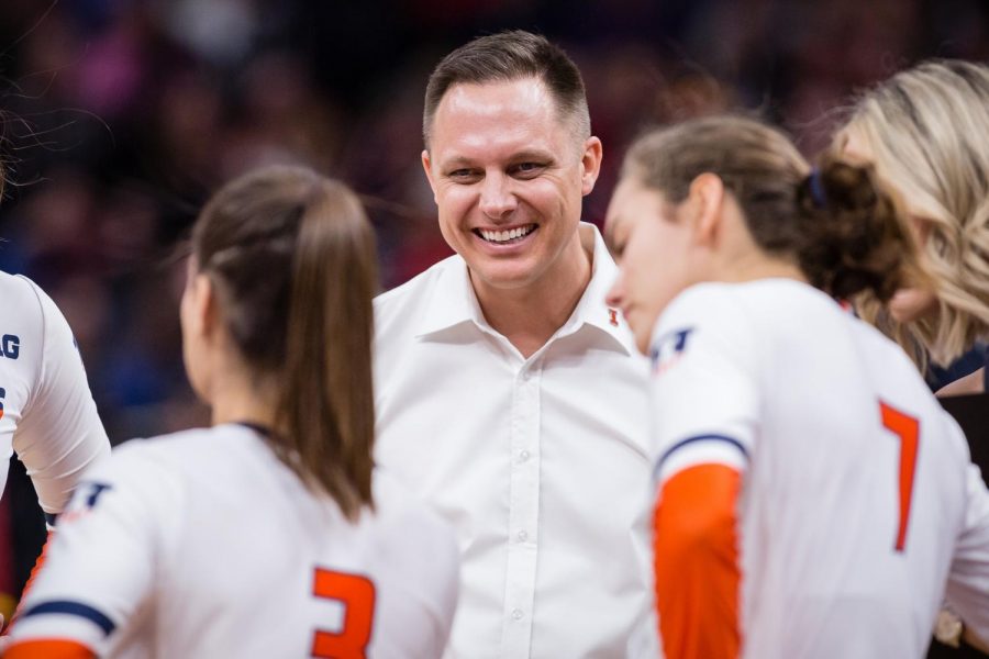 Illinois head coach Chris Tamas smiles during a timeout in the match against Nebraska in the Final Four of the NCAA tournament at the Target Center on Dec. 13. Nebraska defeated Illinois 3-2. Several players on the team will be going abroad to join the U.S. national team. 