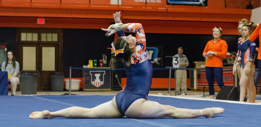 Karen Howell performs her floor routine during Illinois meet against Michigan on Friday January 19, 2018. Illinois lost to Michigan 194.325 to 194.975.