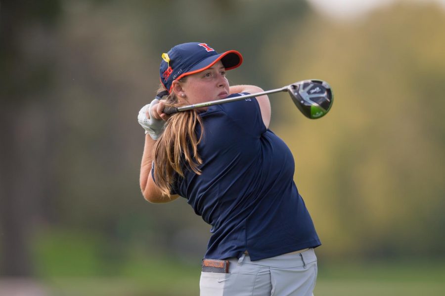 Tristyn Nowlin hits a drive at the Illinois Women’s Invite at Medinah in Medinah, Illinois. Nowlin will be competing at Augsta National on April 3-6.