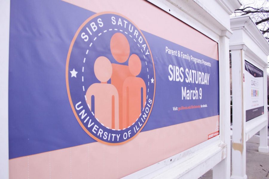 A sign outside the Illini Student Union promoting Sibs Saturday on March 9th, 2019.