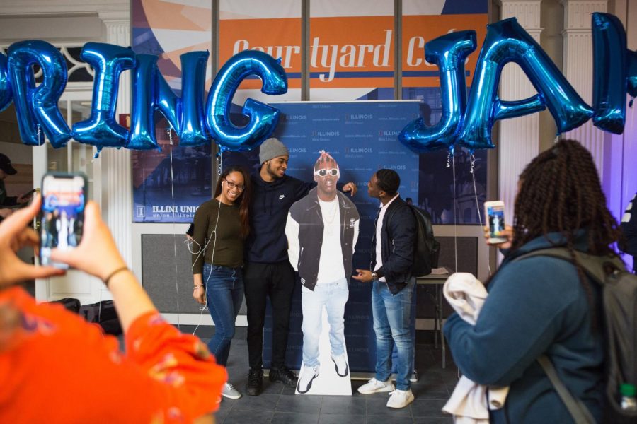Students pose with a cutout of Lil Yachty as he was just announced as the performing artist for 2019s Spring Jam in the Courtyard Cafe on Thursday. 