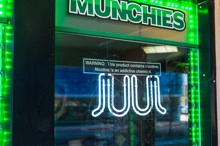 Along with tobacco products and alcohol, Evergreen Tobacco on Green Street advertises JUUL products as well. In a recent survey, 32% of college students reported owning some form of an e-cigarette. 