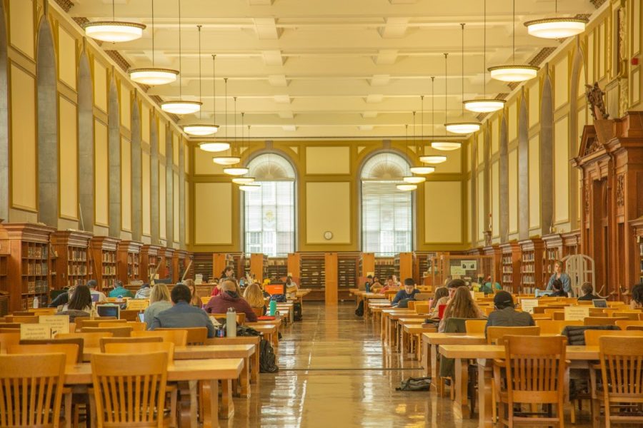 Students studying at the main stacks of the main library on Tuesday