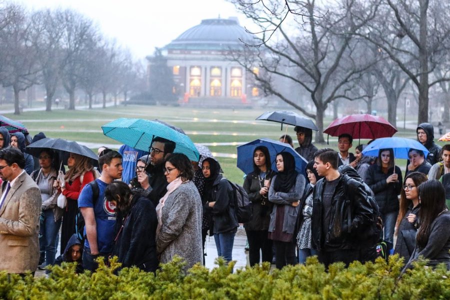 Students and other community members gather on the Main Quad for a vigil honoring the New Zealand shooting victims on Thursday,  Mar. 28.