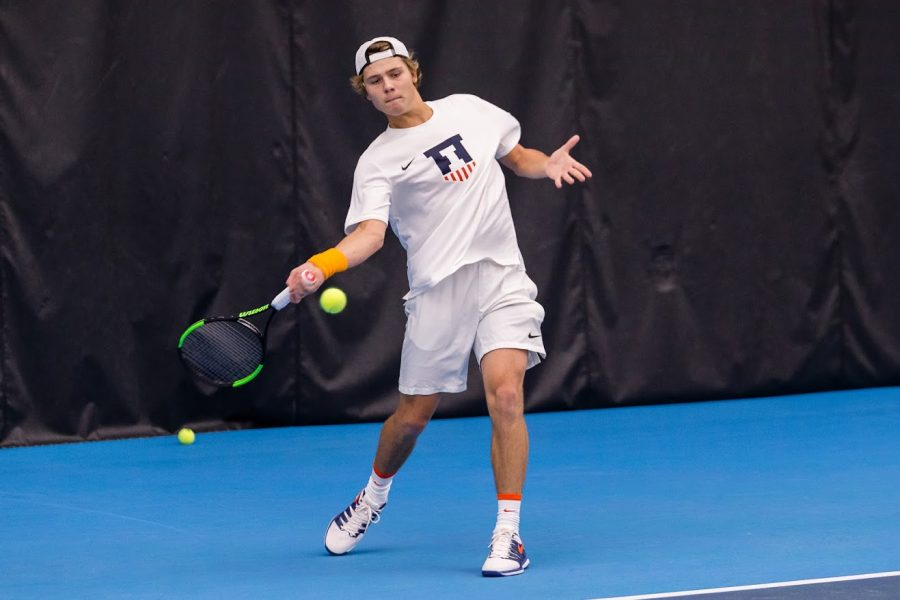 Illinois Aleks Kovacevic swings at the ball during the match against Duke at Atkins Tennis Center on Feb. 1, 2019. Kovacevic was one of the 73 Illinois student-athletes to be named to the spring Big Ten  Academic All-Conference team.