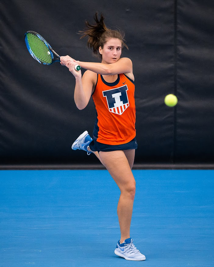 Illinois Daniela Pedraza Novak returns the ball during the match against Notre Dame at Atkins Tennis Center on Friday, Feb. 8, 2019. The Illini won 4-3.
