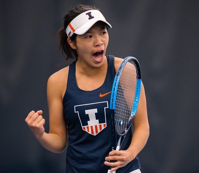 Illinois+Asuka+Kawai+celebrates+during+the+match+against+Rutgers+at+Atkins+Tennis+Center+on+Friday%2C+March+29%2C+2019.+The+Illini+won+6-1.