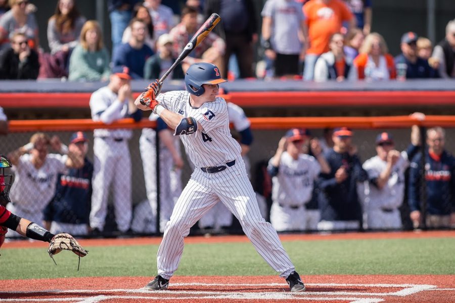 Illinois shortstop Ben Troike waits for the pitch during game one of the doubleheader against Maryland at Illinois Field on April 6. The Illini won 5-1.