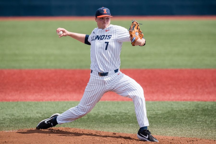 Illinois+starting+pitcher+Ty+Weber+%287%29+delivers+the+pitch+during+game+one+of+the+doubleheader+against+Maryland+at+Illinois+Field+on+Saturday%2C+April+6%2C+2019.+The+Illini+won+5-1.