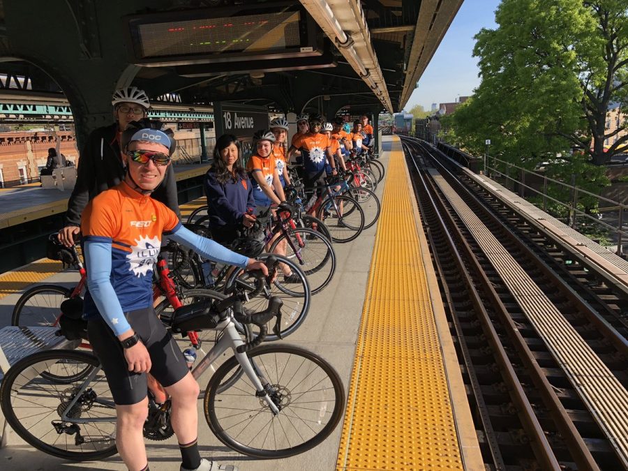Illini 4000 riders in New York City on May 18, the first day of their 78-day cross country bike trip.