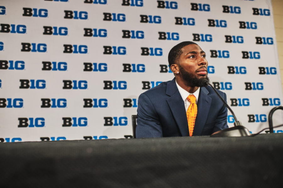 Junior Nate Hobbs answers questions at Big Ten Football Media Days in Chicago Thursday.