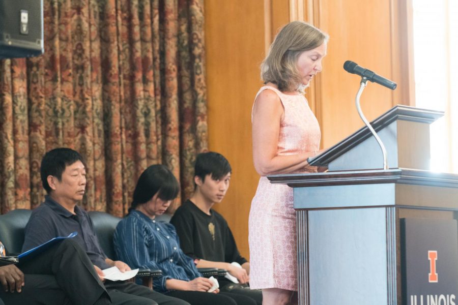 Robin Kaler reads Ronggao Zhang’s statement translated in English. The Zhang family and members of the University faculty attended a press conference Monday in order to honor the establishment of Yingying’s Fund.