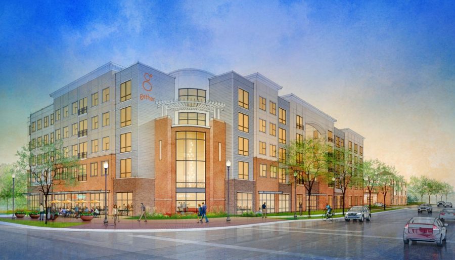 The new Gather residential area was designed by real estate company Rael Development Corporation. The development will consist of two main buildings, a five-story apartment complex north of Clark Street and a three-story collection of hotel rooms and townhomes just south of it.