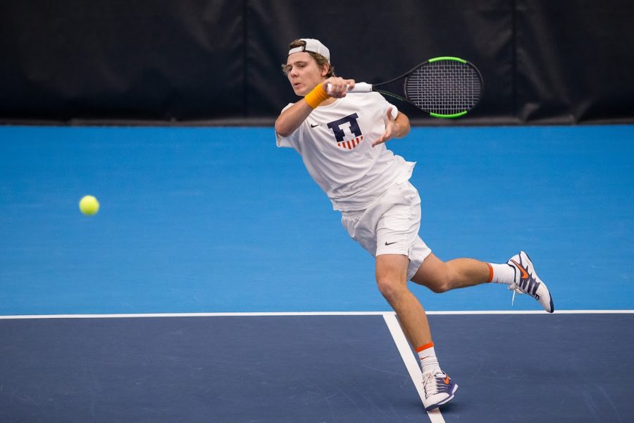Illinois%E2%80%99+Aleks+Kovacevic+returns+the+ball+during+the+match+against+Duke+at+Atkins+Tennis+Center+on+Feb.+1.+The+Illini+won+6-1.+The+team+has+a+busy+schedule+planned+for+the+fall+semester.