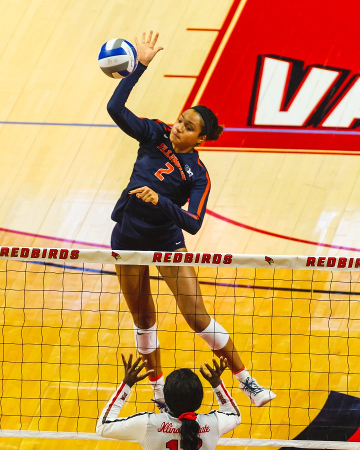 Freshman Rylee Hinton spikes a ball during the Illini’s match against Illinois State at the Redbird Classic on September 13. 