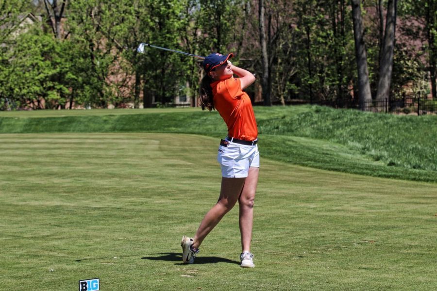 Sophomore Kate Hallinan golfs at the Big Ten Championships at TPC’s River Bend in April. Head coach Renee Slone became the first Illinois coach to win Big Ten Coach of the Year.