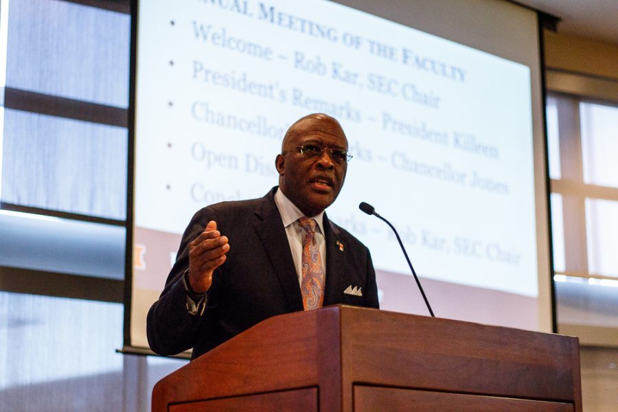 Chancellor Robert Jones responds to students concerns at the Annual Faculty Meeting on Monday. Jones also addressed the recent incidents of hate found around campus, including the noose found in Allen Residence Hall and drawings of swastikas. 