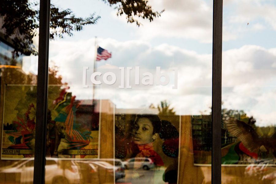 The front display of [co][lab]is photographed through the front window. The student-led company Karma Trade aims to promote unique fashion in a sustainable and affordable way. 
