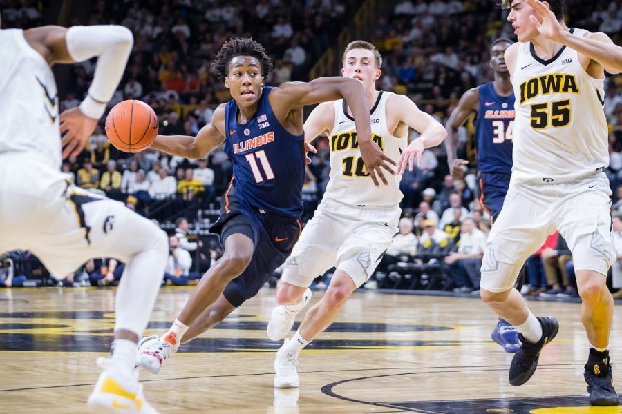 Illinois guard Ayo Dosunmu drives to the basket during the game against Iowa at the Carver Hawkeye Arena on Jan. 20 where the Illini lost 95-71. Illinois will play Lewis Friday before the season begins next week. 