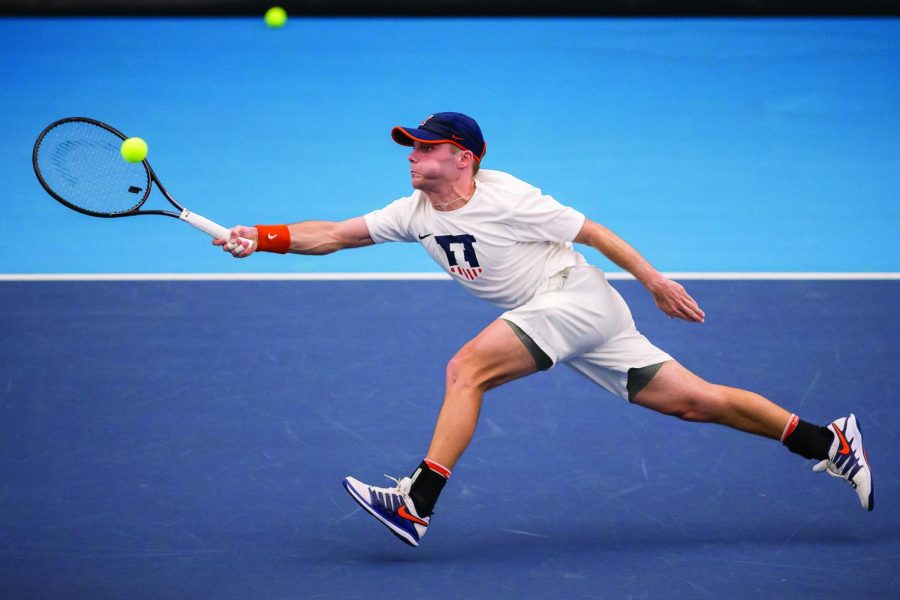 Illinois Zeke Clark returns the ball during the match against Duke at Atkins Tennis Center on Friday, Feb. 1, 2019.
