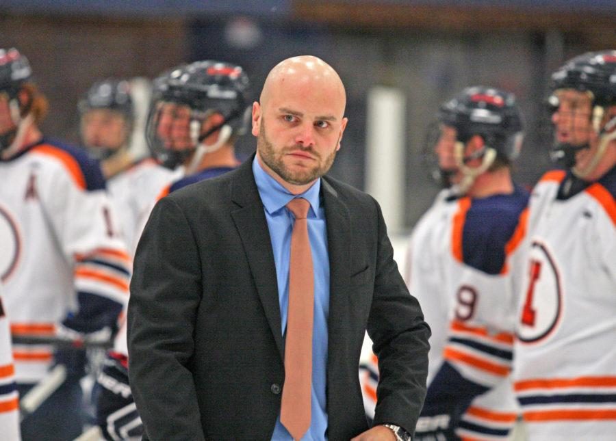 Illinois’ Nick Fabbrini walks back to the bench after the Ohio hockey game at the Ice Arena on Oct. 24, 2014. The Illini won 2-1. 
Fabbrini said adding hockey as a Division I team would be an historic event and would greatly improve the program. 