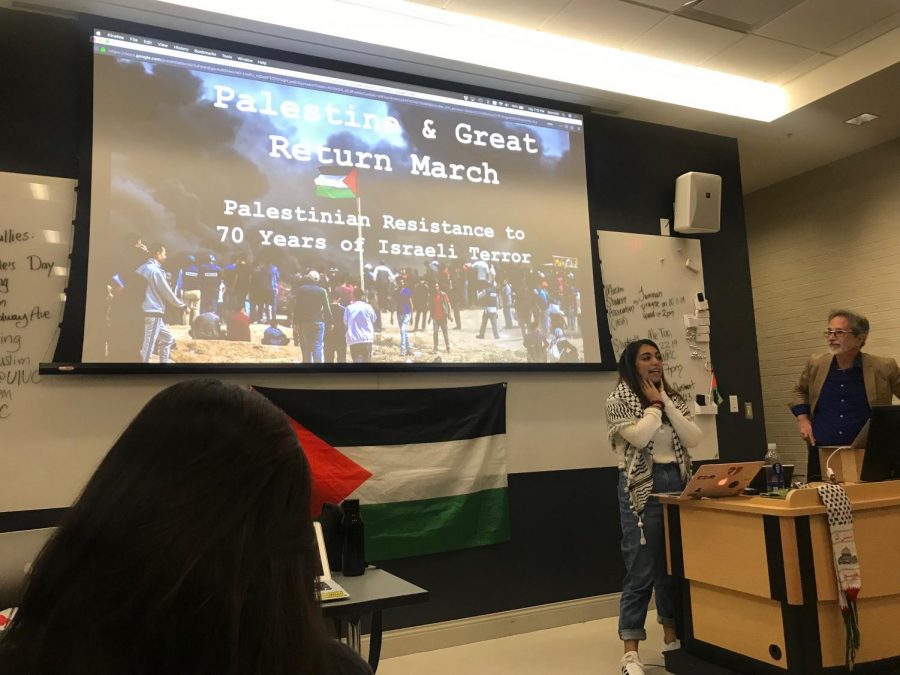 Students+for+Justice+in+Palestine+President+Ahlam+Khatib%2C+left%2C+introduces+presenter+and+religion+professor+in+LAS+Bruce+Rosenstock+during+SJP%E2%80%99s+%E2%80%9CPalestine+101%E2%80%9D+meeting+on+Oct.+10.+Rosenstock+pulled+up+the+%E2%80%9CPalestine+%26+Great+Return+March+Palestinian+Resistance+to+70+Years+of+Israeli+Terror%E2%80%9D+presentation+that+prompted+an+apology+from+Chancellor+Robert+Jones+after+concerns+of+anti-Semitic+content+during+a+Sept.+25+Housing+staff+meeting.%0A%0A