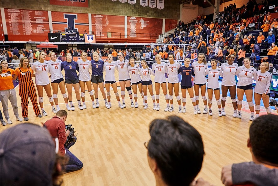 The Illini celebrate after defeating Indiana 3-0 on Saturday. The team will play Wisconsin, Minnesota, and Penn State this week.