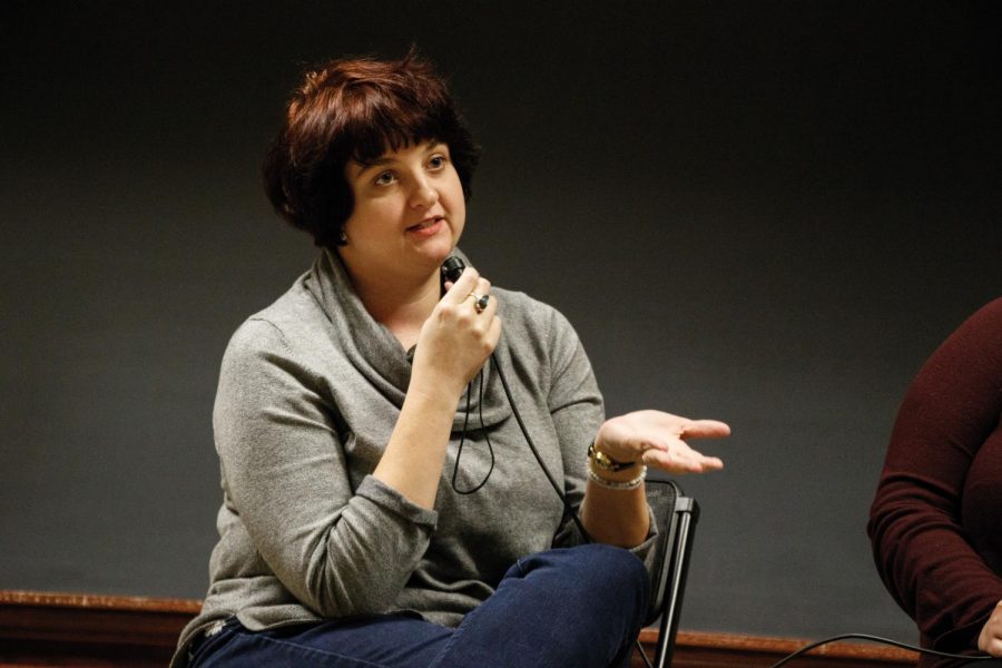 Rachel Otwell, NPR Illinois journalist and lead reporter for the ProPublica Local Reporting Network series, Campus Complicity, speaks at a forum on faculty sexual misconduct reforms at the Main Library on Tuesday.
