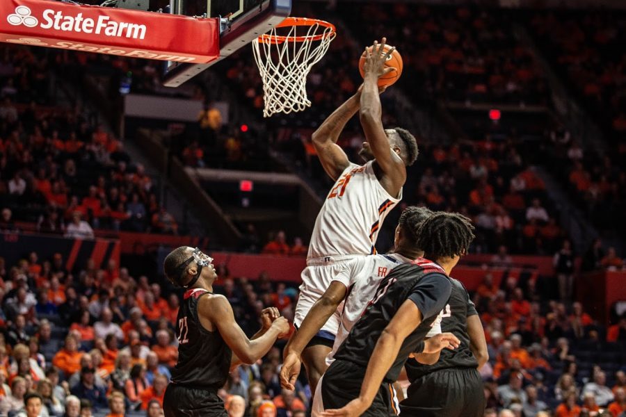 Freshman+center+Kofi+Cockburn+rises+for+a+layup+against+Nicholls+State+at+State+Farm+Center+on+Nov.+5.+Cockburn+is+currently+leading+the+Illini+in+total+rebounds%2C+averaging+10.7+rebounds-per-game.