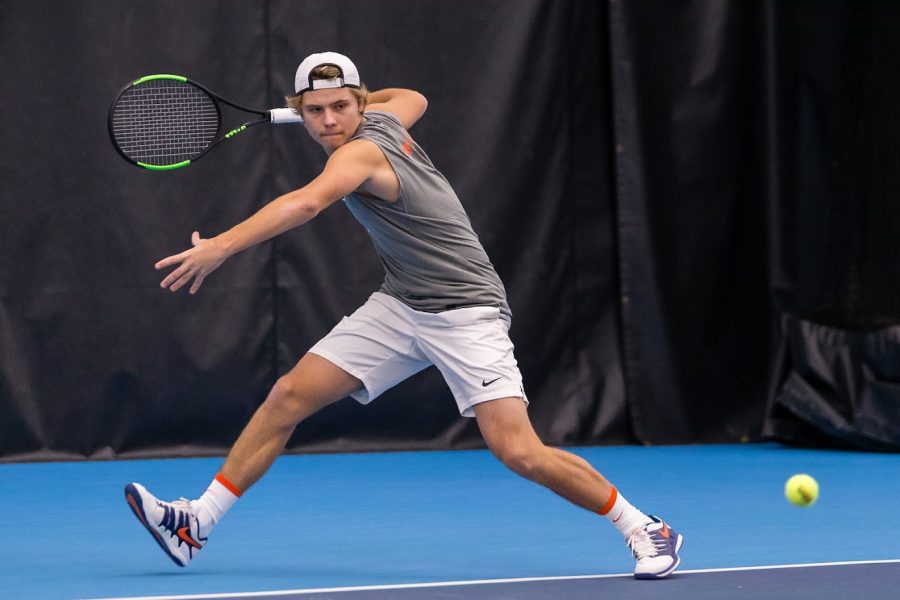 Illinois’ Aleks Kovacevic returns the ball during the match against Duke at Atkins Tennis Center.  Kovacevic will participate in the Master’U BNP Paribas Collegiate Tournament.
