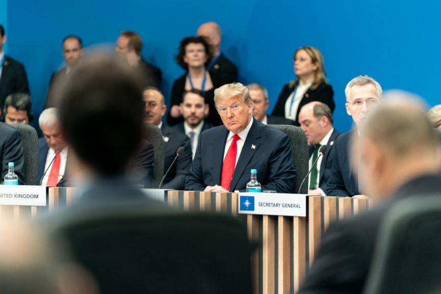 President Donald J. Trump attends the North Atlantic Treaty Organization plenary session Wednesday, Dec. 4, 2019, with NATO Secretary General Jens Stoltenberg and the British Prime Minister Boris Johnson at the 70th anniversary of NATO in Watford, Hertfordshire outside London.