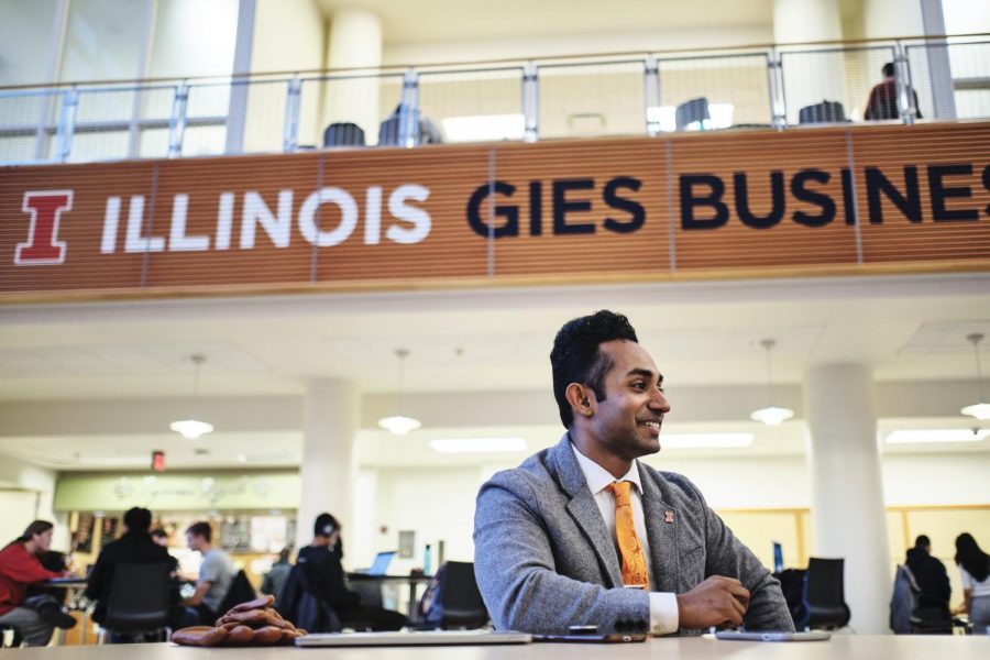 Manu Edakara, Associate Director of Entrepreneurial Communities for the Gies College of Business, speaks about his personal experiences as the leader of iVenture Accelerator at the BIF atrium on Monday. He earned the Forbes 30 Under 30 honor. 