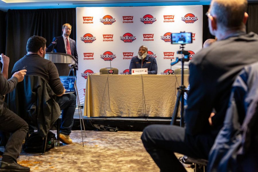 Head coach Lovie Smith speaks to the media during the Redbox Bowl pregame press conference at the Hyatt Regency in San Francisco on Friday, Dec. 27. Photo by Jonathan Bonaguro. 