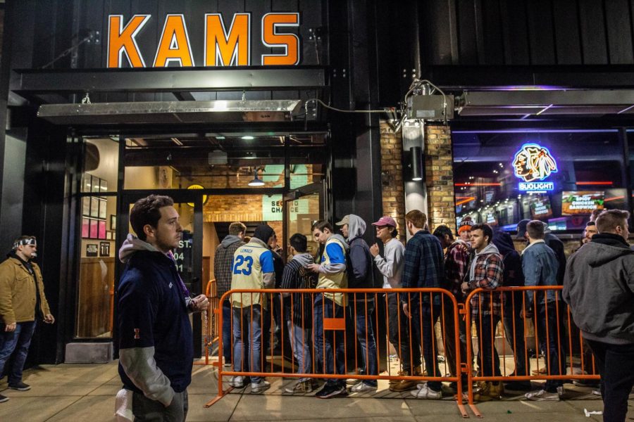 Patrons stand outside KAMs on Jan. 29 for reopening night. A recently leaked GroupMe message caused controversy across campus. 