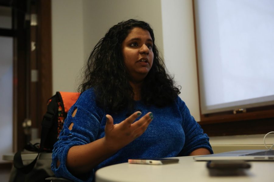 Junior Ananya Cleetus describes her mental health app, Anemone, during an interview on Wednesday in Lincoln Hall. Cleetus hopes to gain valuable feedback from the Cozad challenge.