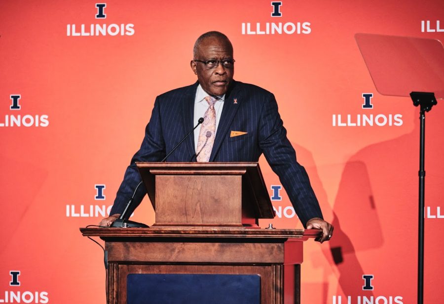 Chancellor Jones speaks on the state of the university on Friday afternoon at the Illini Union.