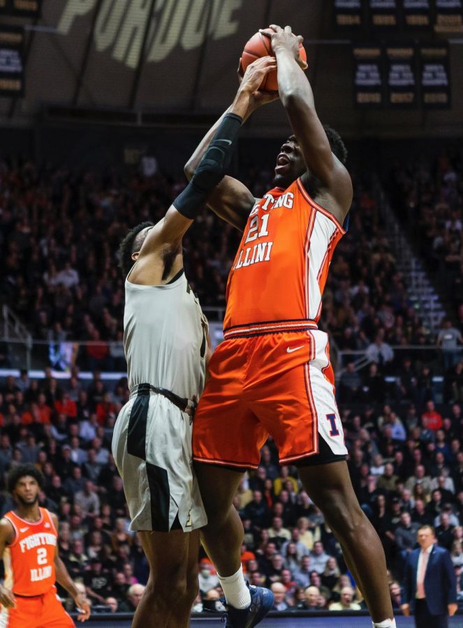 Freshman+center+Kofi+Cockburn+fires+off+a+jump+shot+during+No.+21-ranked+Illinois+game+at+Purdue+in+West+Lafayette%2C+Ind.+on+Tuesday+night.+The+Illini+havent+won+at+Mackey+Arena+since+2008.+