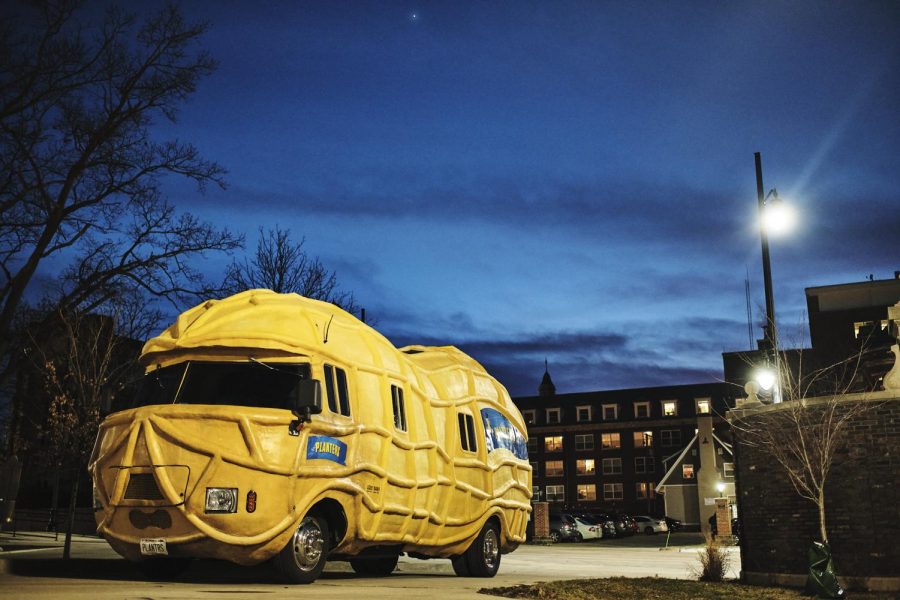 The Planter’s experiential marketing vehicle titled the “Nutmobile” sits in between Gregory and Lincoln Hall Tuesday evening.
