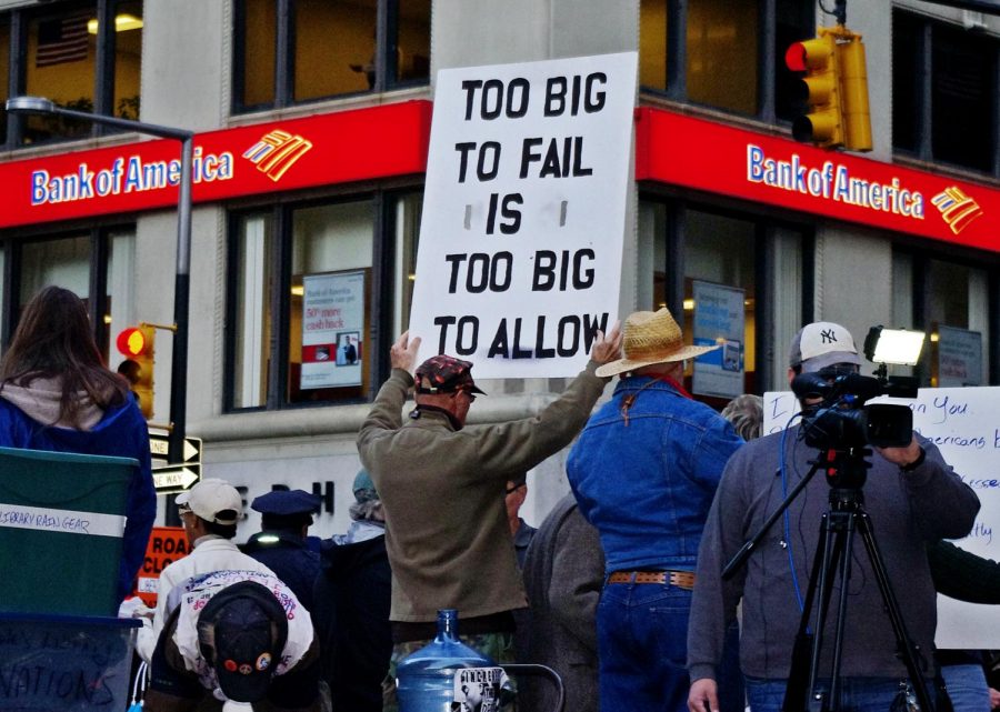 A demonstrator holds his sign high during an Occupy Wall Street protest on Oct. 25, 2011. Columnist Austin argues more needs to be done to educate the public on these “bailouts.”

