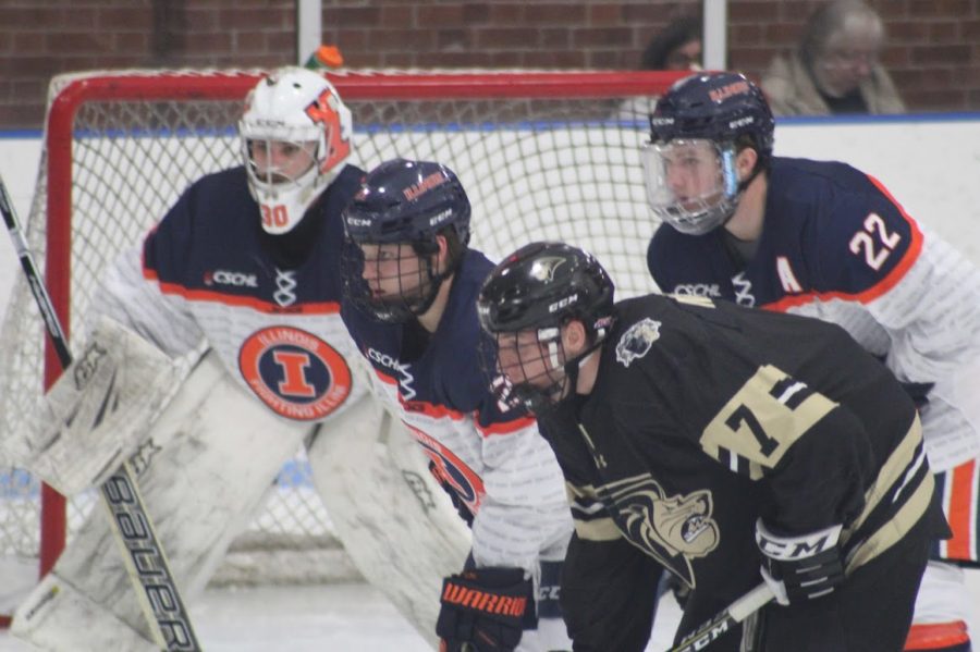 Illinois defenses Tyler Opilka (22) and Joe Nolan (27) defend the goal during the Illinois vs. Lindenwood game at the Ice Arena on Friday, Jan. 18, 2019. Illinois lost 2-1. Illinois will play Alabama this Friday and Saturday.